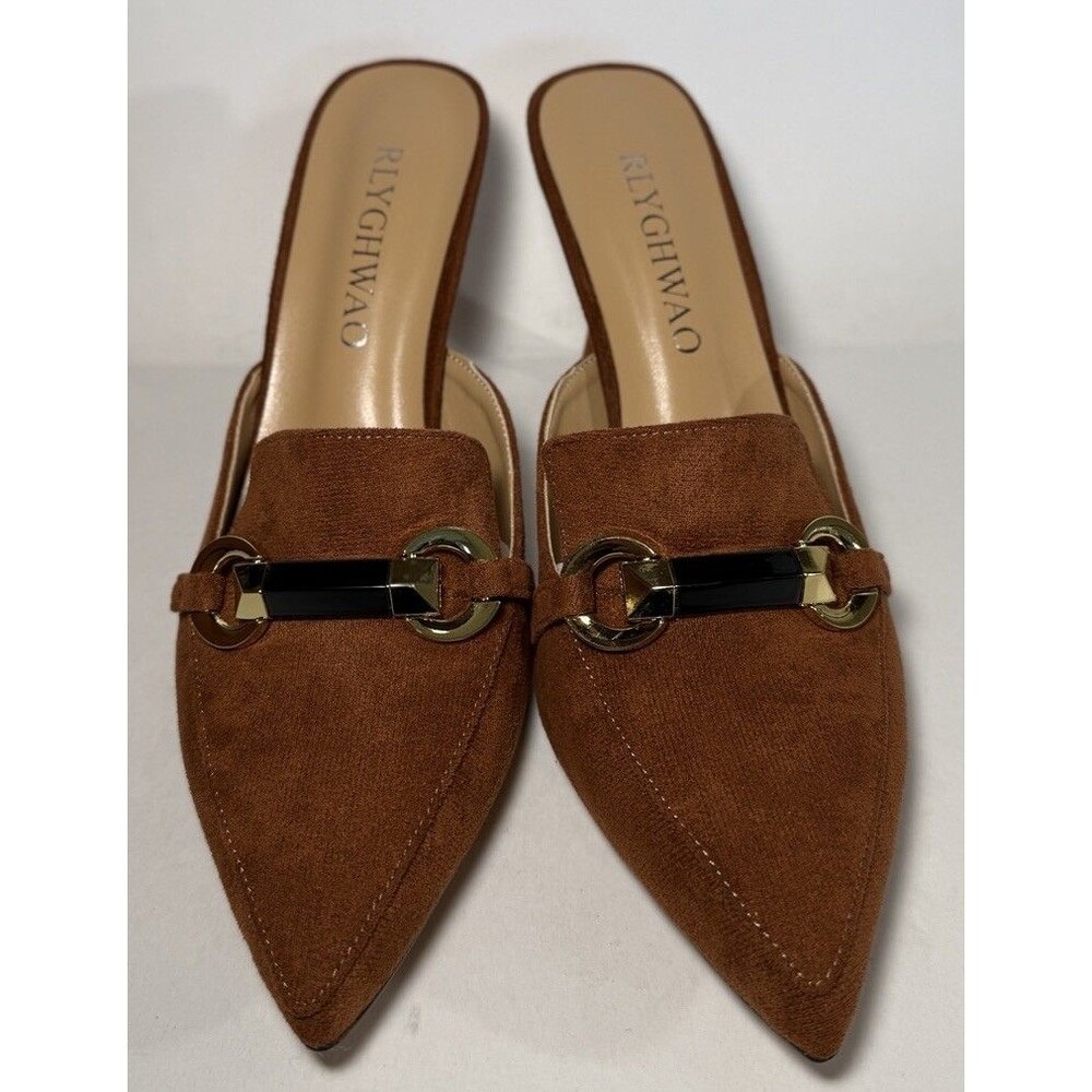RLYGHWAO - Pointed Closed Toe High Heel Mules - Brown Suede - Women's 8.5 - NEW - Picture 2 of 5